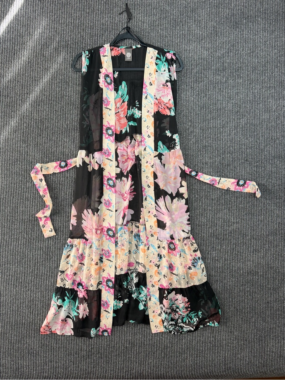 Vince Camuto Sheer Mixed Floral Clip-Dot Sleeveless Maxi Duster Vest